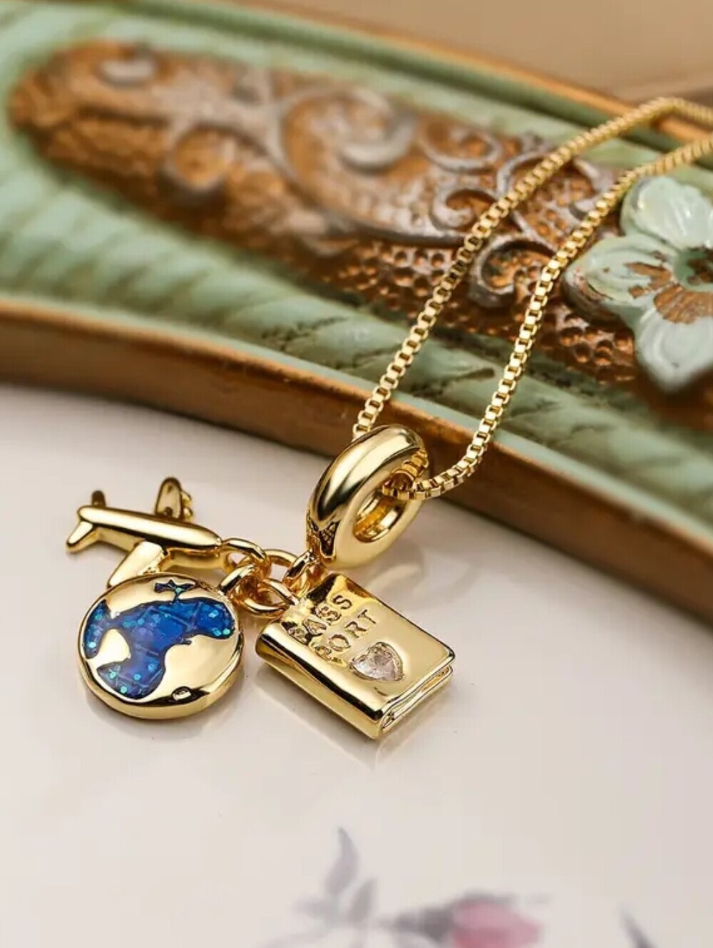 Travel Charm Necklace 18K Gold Plated Airplane Passport Globe Pendant Gift